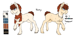 Size: 1532x773 | Tagged: safe, artist:royvdhel-art, oc, oc only, oc:romy, earth pony, pony, clothes, duo, earth pony oc, jewelry, necklace, raised hoof, scarf, simple background, smiling, story included, white background