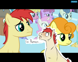 Size: 1280x1024 | Tagged: safe, artist:royvdhel-art, edit, screencap, berry punch, berryshine, bon bon, carrot top, don neigh, golden harvest, sweetie drops, twinkleshine, oc, oc:romy, earth pony, pony, unicorn, equestria games, g4, my little pony: friendship is magic, background pony, earth pony oc, female, frown, male, mare, open mouth, outline, red mane, smiling, stallion, teal eyes, white outline