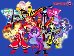 Size: 1440x1080 | Tagged: safe, artist:robertsonskywa1, artist:sapphiregamgee, applejack, fluttershy, pinkie pie, rainbow dash, rarity, sci-twi, sunset shimmer, twilight sparkle, equestria girls, g4, arm cannon, axe, blue background, bumblebee (transformers), disc, eqg promo pose set, equestria girls logo, equestria girls-ified, female, humane five, humane seven, humane six, ironhide, jazz, male, op can't let go, rodimus, save equestria girls, sideswipe, simple background, sunstreaker, super ponied up, sword, transformers, transformers logo, weapon, wheeljack, wings