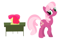 Size: 4548x2990 | Tagged: safe, artist:mirrorcrescent, apple bloom, cheerilee, earth pony, pony, g4, book, desk, female, filly, mare, simple background, transparent background