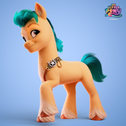Size: 1080x1080 | Tagged: safe, artist:jonatancatalan, hitch trailblazer, earth pony, pony, g5, my little pony: a new generation, official, 3d, 3d model, blue background, brown eyes, colored hooves, cute, eyebrows, hitchbetes, male, my little pony: a new generation logo, raised hoof, sash, sheriff's badge, simple background, smiling, solo, stallion, standing, tail, unshorn fetlocks