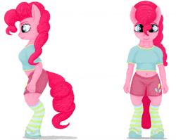 Size: 706x562 | Tagged: safe, artist:xodok, pinkie pie, earth pony, anthro, unguligrade anthro, series:ponyashnost, g4, clothes, cutie mark, female, shirt, shoes, shorts, simple background, smiling, socks, stockings, striped socks, t-shirt, thigh highs, white background