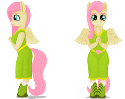 Size: 702x555 | Tagged: safe, artist:xodok, fluttershy, anthro, unguligrade anthro, series:ponyashnost, g4, belt, clothes, cutie mark, dress, female, shoes, simple background, smiling, white background, wings