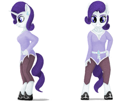 Size: 705x563 | Tagged: safe, artist:xodok, rarity, anthro, unguligrade anthro, series:ponyashnost, g4, belt, blouse, clothes, cutie mark, female, horn, jewelry, pants, shoes, simple background, smiling, white background