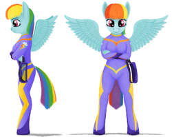 Size: 741x590 | Tagged: safe, artist:xodok, rainbow dash, anthro, unguligrade anthro, series:ponyashnost, g4, clothes, costume, cutie mark, female, flight suit, front view, goggles, side view, simple background, skintight clothes, smiling, spread wings, white background, wings