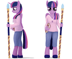 Size: 702x578 | Tagged: safe, artist:xodok, twilight sparkle, alicorn, anthro, unguligrade anthro, series:ponyashnost, g4, blouse, book, clothes, cutie mark, female, horn, jewelry, pants, shoes, simple background, smiling, staff, twilight sparkle (alicorn), white background, wings