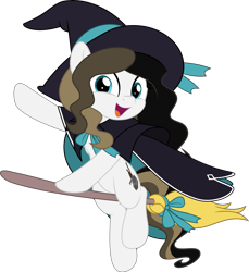 Size: 4585x5000 | Tagged: safe, artist:jhayarr23, oc, oc only, oc:chocolate fudge, earth pony, pony, broom, cape, clothes, commission, costume, female, flying, flying broomstick, halloween, hat, holiday, simple background, solo, transparent background, witch hat, ych result