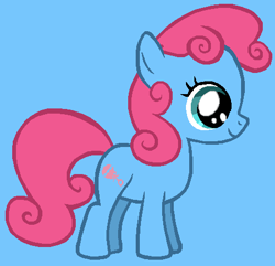 Size: 469x453 | Tagged: safe, artist:therainbowkingdom69, baby cuddles, earth pony, pony, g1, g4, baby, baby pony, blue background, cuddlebetes, cute, female, filly, g1 to g4, generation leap, simple background, smiling, solo