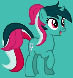 Size: 519x547 | Tagged: safe, artist:therainbowkingdom69, fizzy, pony, twinkle eyed pony, unicorn, g1, g4, cute, female, fizzybetes, g1 to g4, generation leap, mare, open mouth, open smile, raised hoof, raised leg, simple background, smiling, solo, teal background