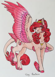Size: 1920x2686 | Tagged: safe, artist:oneiria-fylakas, oc, oc only, oc:ruby heartheim, pegasus, pony, colored wings, feathered fetlocks, female, mare, multicolored wings, solo, tail, tail feathers, traditional art, wings