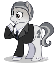 Size: 669x768 | Tagged: safe, artist:pigeorgien, oc, oc only, oc:mimante, earth pony, pony, clothes, male, monocle, show accurate, simple background, solo, stallion, suit, white background, worried