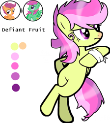 Size: 1001x1117 | Tagged: safe, artist:taeko, banana bliss, scootaloo, oc, oc only, oc:defiant fruit, pegasus, pony, g4, bandage, base used, colors, crossed legs, female, folded wings, frown, green fur, invisible arm-rest, leaning, looking offscreen, magical lesbian spawn, multicolored mane, multicolored tail, no shading, offspring, parent:banana bliss, parent:scootaloo, parents:bananaloo, purple eyes, simple background, solo, standing, standing on one leg, tail, white background, wings