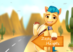Size: 3500x2500 | Tagged: safe, artist:leonkay, hitch trailblazer, earth pony, pony, g5, my little pony: a new generation, bipedal, cactus, desert, high res, hitchhiking, male, name pun, pun, road, sign, smiling, solo, stallion, unshorn fetlocks