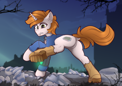 Size: 2500x1750 | Tagged: safe, artist:lakunae, oc, oc only, oc:littlepip, pony, unicorn, fallout equestria, boots, butt, clothes, ear fluff, eyes open, fanfic art, featureless crotch, female, full body, green eyes, gritted teeth, horn, jumpsuit, mare, outdoors, pipbuck, pipbutt, plot, raised hoof, raised leg, rear view, shoes, solo, tail, unicorn oc, vault suit