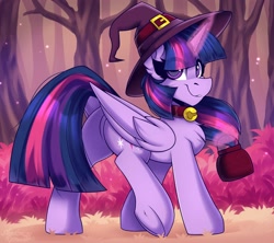 Size: 2250x2000 | Tagged: safe, artist:shadowreindeer, twilight sparkle, alicorn, pony, bell, bell collar, butt, cauldron, clothes, collar, costume, cute, eye clipping through hair, female, forest, glowing, glowing horn, grin, hat, high res, horn, looking at you, magic, magic aura, mare, nightmare night costume, plot, smiling, smiling at you, solo, telekinesis, tree, twiabetes, twibutt, twilight sparkle (alicorn), witch, witch hat