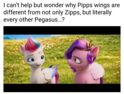 Size: 720x544 | Tagged: safe, edit, edited screencap, screencap, pipp petals, zipp storm, pegasus, pony, g5, my little pony: a new generation, spoiler:my little pony: a new generation, female, mare, question, siblings, sisters, wings