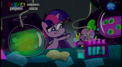 Size: 864x482 | Tagged: safe, screencap, spike, twilight sparkle, alicorn, dragon, pony, g4, g4.5, my little pony: pony life, bipedal, chemicals, ecuador, intro, laboratory, tc television, twilight sparkle (alicorn)