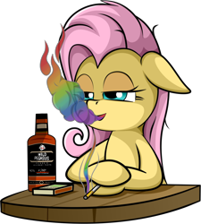 Size: 1158x1288 | Tagged: artist needed, safe, fluttershy, pegasus, pony, g4, alcohol, cigarette, drug use, drugs, drunk, drunkershy, flutterhigh, high, smoking, solo, whiskey, wild pegasus