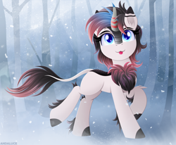 Size: 2700x2226 | Tagged: safe, artist:andaluce, oc, oc only, oc:winter nightsong, kirin, :p, chest fluff, cute, female, forest background, high res, kirin oc, kirinbetes, snow, snowfall, solo, tongue out