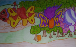 Size: 1280x801 | Tagged: safe, artist:dex stewart, apple bloom, scootaloo, sweetie belle, butterfly, g4, apple, apple tree, flying, species swap, sweet apple acres, traditional art, tree