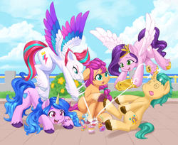 Size: 1920x1565 | Tagged: safe, artist:dstears, hitch trailblazer, izzy moonbow, pipp petals, sunny starscout, zipp storm, earth pony, pegasus, pony, unicorn, g5, my little pony: a new generation, alf, cellphone, circling stars, dizzy, female, hoof hold, knocked silly, male, mane five (g5), mare, pain star, phone, pogs, sitting, smartphone, stallion, swirly eyes, tongue out
