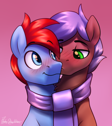 Size: 1780x2000 | Tagged: oc name needed, safe, artist:jedayskayvoker, oc, oc only, pony, blushing, cheek kiss, chest fluff, clothes, couple, eyebrows, eyebrows visible through hair, gay, gradient background, kissing, lidded eyes, looking at each other, male, patreon, patreon reward, scarf, shared clothing, shared scarf, smiling, stallion