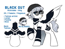 Size: 1207x924 | Tagged: safe, artist:redxbacon, oc, oc only, oc:black out, pegasus, pony, nose piercing, nose ring, piercing, reference sheet, solo, sunglasses