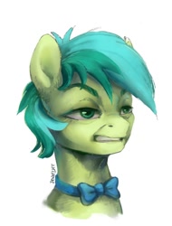 Size: 758x1000 | Tagged: safe, artist:jewellier, sandbar, earth pony, pony, g4, bowtie, bust, disgusted, expression, eyebrows, faic, green coat, green eyes, green mane, gritted teeth, lidded eyes, looking at something, male, portrait, showing teeth, signature, simple background, solo, sylvester stallone, teenager, teeth, two toned mane, white background