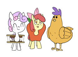 Size: 827x606 | Tagged: safe, artist:happy harvey, apple bloom, scootaloo, sweetie belle, bird, chicken, earth pony, pony, unicorn, g4, apple, apple costume, blushing, bow, clothes, colored pupils, costume, cutie mark crusaders, eyes closed, female, filly, food, food costume, freckles, hair bow, halloween, halloween costume, looking up, phone drawing, s'mores, scootachicken, simple background, sweetie belle is a marshmallow too, transparent background