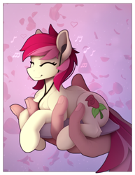 Size: 1500x1947 | Tagged: safe, artist:yakovlev-vad, roseluck, earth pony, human, pony, behaving like a cat, chest fluff, cute, cuteluck, earbuds, eyes closed, female, hand, headphones, holding a pony, in goliath's palm, lying down, mare, music notes, prone, smiling, tail, tiny, tiny ponies, two toned mane, two toned tail