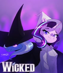Size: 1841x2160 | Tagged: safe, artist:mindlessnik, artist:mindlesssketching, starlight glimmer, trixie, g4, clothes, colored pupils, cosplay, costume, crossover, duo, eye glint, hat, looking at you, musical, poster, redraw, wicked, witch hat