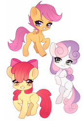 Size: 2606x3810 | Tagged: safe, artist:winnievincent, apple bloom, scootaloo, sweetie belle, earth pony, pegasus, pony, unicorn, g4, adorabloom, ambiguous facial structure, blank flank, cute, cutealoo, cutie mark crusaders, diasweetes, female, filly, foal, heart eyes, high res, lidded eyes, raised hoof, signature, simple background, smiling, white background, wingding eyes