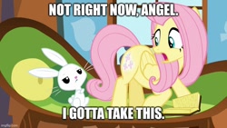 Size: 800x450 | Tagged: safe, edit, edited screencap, screencap, angel bunny, fluttershy, pegasus, pony, rabbit, g4, the hooffields and mccolts, angel bunny is not amused, animal, book, booty call, crossed arms, duo, female, frown, glowing cutie mark, looking at each other, male, mare, meme, open mouth, pillow, talking, unamused