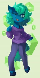 Size: 2144x4096 | Tagged: safe, artist:saxopi, oc, oc only, oc:emerald, earth pony, semi-anthro, abstract background, arm hooves, blue coat, bra, bra strap, clothes, colored pupils, commission, cutie mark background, ear fluff, earth pony oc, emerald, eyebrows, eyebrows visible through hair, eyelashes, gem, green eyes, green mane, green tail, high res, hoof on chest, hoof shoes, looking at you, one eye closed, open mouth, open smile, pants, smiling, smiling at you, solo, standing on two hooves, tail, underwear