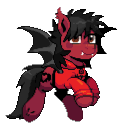 Size: 640x640 | Tagged: safe, artist:hikkage, bat pony, pony, animated, bat wings, clandestine industries, clothes, commission, ear fluff, fall out boy, fangs, flying, gif, happy, hoodie, male, pete wentz, pixel art, ponified, shirt, simple background, solo, stallion, tattoo, transparent background, undershirt, wings