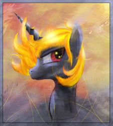 Size: 864x959 | Tagged: safe, artist:akurion, oc, oc only, oc:incendia, pony, unicorn, fanfic:antipodes, abstract background, bust, eyebrows, fanfic, fanfic art, female, fiery mane, gray coat, horn, looking at you, mare, messy mane, portrait, red eyes, side view, solo, unicorn oc, windswept mane, yellow mane