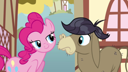 Size: 1280x720 | Tagged: safe, screencap, cranky doodle donkey, donkey, earth pony, pony, a friend in deed, g4, season 2, c:, duo, eye contact, female, lidded eyes, looking at each other, male, mare, out of context, smiling, tail, wig