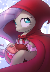 Size: 1927x2750 | Tagged: safe, artist:nookprint, fluttershy, pegasus, pony, g4, basket, blushing, cloak, clothes, cute, dress, female, high res, hood, hoof hold, little red riding hood, looking away, mare, picnic basket, shyabetes, solo