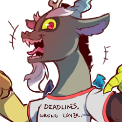 Size: 1159x1159 | Tagged: safe, artist:cold-blooded-twilight, derpibooru exclusive, discord, draconequus, g4, art meme, clothes, deadline, evil smile, fangs, grin, halloween, holiday, male, open mouth, open smile, pointing, pointing at self, shirt, simple background, smiling, solo, t-shirt, transparent background