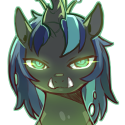 Size: 1159x1159 | Tagged: safe, artist:cold-blooded-twilight, shining armor, changeling, changeling queen, g4, blue changeling, fangs, female, glowing, glowing eyes, halloween, holiday, long hair, looking at you, simple background, species swap, transparent background
