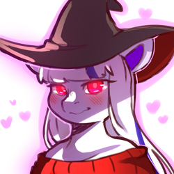 Size: 1159x1159 | Tagged: safe, artist:cold-blooded-twilight, oc, oc only, oc:fabulous jin, semi-anthro, blushing, clothes, costume, femboy, glowing, glowing eyes, halloween, halloween costume, hat, heart, holiday, long hair, male, simple background, smiling, solo, transparent background, witch, witch hat