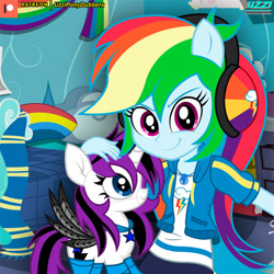 Size: 894x894 | Tagged: safe, artist:uzzi-ponydubberx, rainbow dash, oc, pony, equestria girls, g4, my little pony equestria girls: better together, bed, bedroom, canon x oc, clothes, cutie mark, female, geode of super speed, hand, happy, headphones, horn, hug, looking at you, magical geodes, patreon, patreon logo, plushie, pony ears, room, smiling, transformation, wings