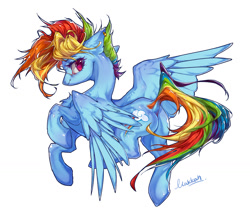 Size: 1486x1294 | Tagged: safe, artist:makkah, rainbow dash, pegasus, pony, g4, butt, ear piercing, earring, female, jewelry, looking back, mare, piercing, plot, rainbutt dash, simple background, smiling, solo, white background