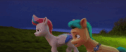 Size: 680x284 | Tagged: safe, screencap, hitch trailblazer, zipp storm, earth pony, pegasus, pony, g5, my little pony: a new generation, spoiler:my little pony: a new generation, animated, duo, female, gif, gliding, lighthouse, male, mare, maretime bay, mech, overcast, parkour, sprouticus maximus, stallion, sunny's house