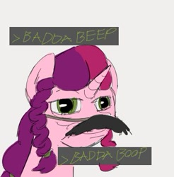 Size: 349x355 | Tagged: safe, artist:dotkwa, oc, oc only, oc:marker pony, pony, unicorn, 4chan, bust, fake moustache, female, gray background, greentext, mare, simple background, solo, text