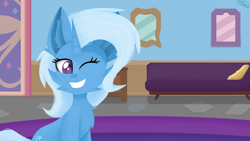 Size: 2560x1440 | Tagged: safe, artist:toxinagraphica, trixie, pony, unicorn, g4, cheek fluff, chest fluff, couch, cute, cutie mark, diatrixes, door, dresser, ear fluff, eyelashes, female, fluffy, grin, horn, lineless, mare, mirror, one eye closed, pillow, purple eyes, rug, smiling, solo, wide smile, wink