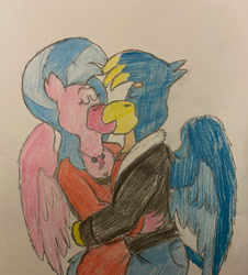 Size: 900x994 | Tagged: safe, artist:rotgriff, gallus, silverstream, classical hippogriff, griffon, hippogriff, anthro, g4, female, kissing, male, ship:gallstream, shipping, straight, traditional art