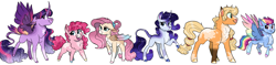 Size: 8145x1923 | Tagged: safe, artist:moccabliss, applejack, fluttershy, pinkie pie, rainbow dash, rarity, twilight sparkle, alicorn, earth pony, pegasus, pony, unicorn, g4, alternate design, alternate hairstyle, chest fluff, cloud pattern, colored eyebrows, colored hooves, colored pinnae, colored wings, curved horn, ethereal wings, facial markings, female, flying, folded wings, gradient wings, group, headcanon in the description, horn, hybrid wings, leonine tail, lightning pattern, mane six, mare, mealy mouth (coat marking), multicolored wings, open mouth, open smile, pale belly, rainbow wings, raised hoof, sextet, smiling, spread wings, standing, star mark, stars, tail, trans fluttershy, transgender, twilight sparkle (alicorn), wings