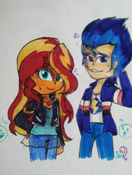 Size: 1280x1695 | Tagged: safe, artist:tong2602kn, flash sentry, sunset shimmer, equestria girls, g4, female, male, ship:flashimmer, shipping, straight, traditional art