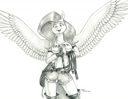 Size: 1400x1078 | Tagged: safe, artist:baron engel, fluttershy, pegasus, anthro, g4, belly button, belt, boots, breasts, busty fluttershy, clothes, collar, daisy dukes, denim shorts, dialogue, grayscale, leash, looking at you, midriff, monochrome, open mouth, open smile, pencil drawing, shirt, shoes, shorts, smiling, solo, spiked wristband, spread wings, traditional art, whip, wings, wristband